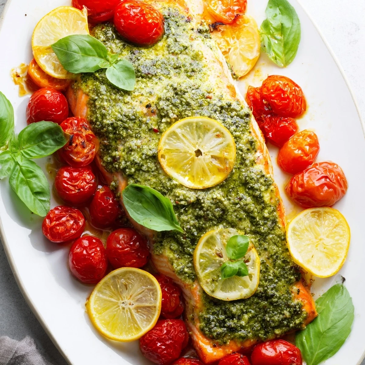 Baked Salmon with Pesto and Cherry Tomatoes garnished with fresh basil and lemon wedges on a rustic plate.