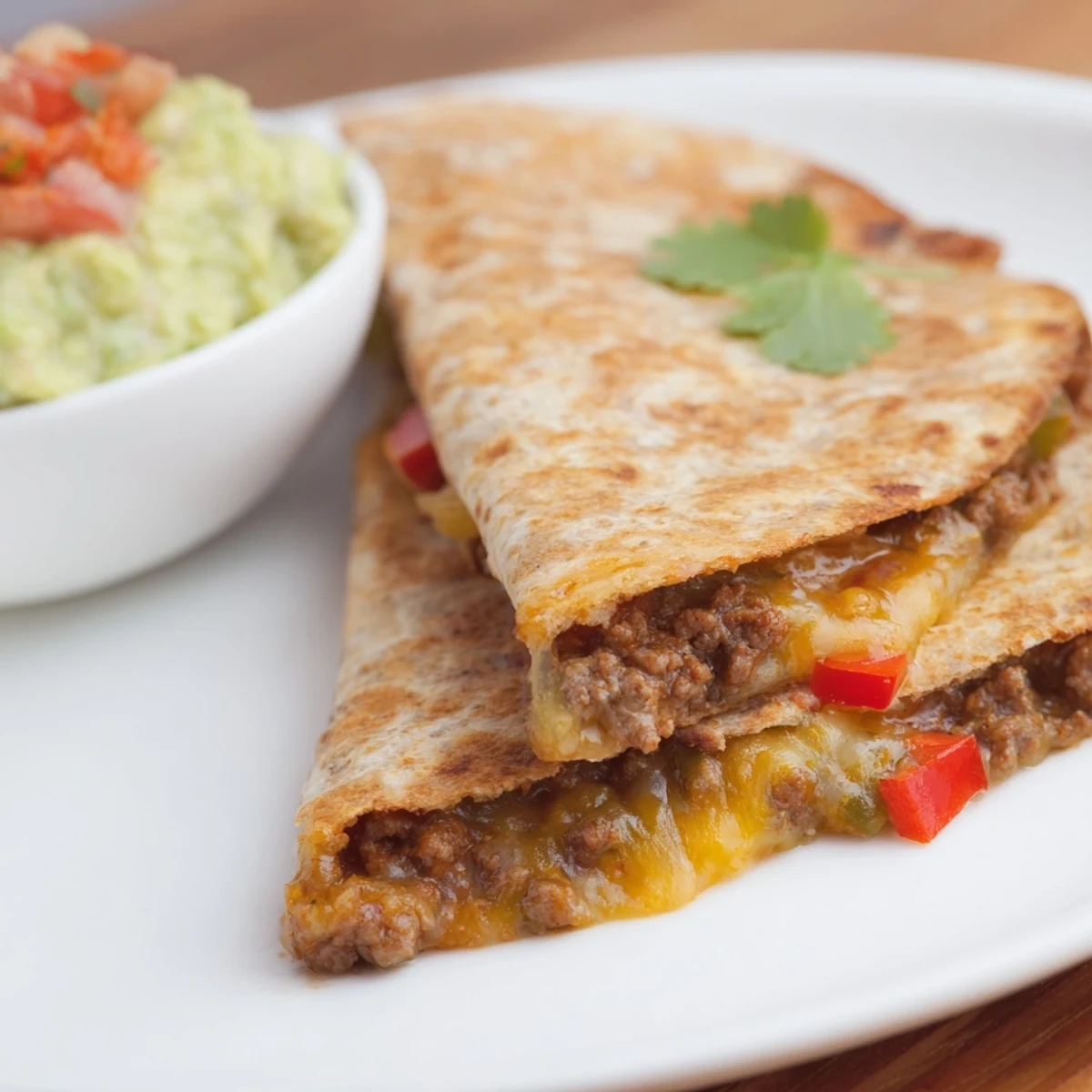 Golden beef quesadilla wedges paired with creamy guacamole and vibrant salsa on a rustic wooden table.