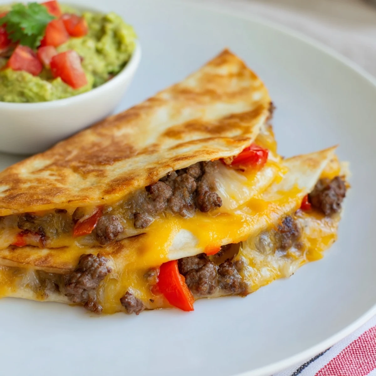 Crispy Beef Quesadillas with Guacamole and Salsa are served warm with melted cheese and fresh toppings on the side.