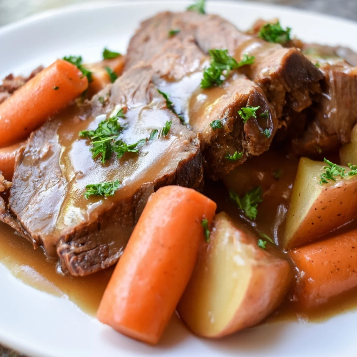 Slow cooker pot roast with tender beef, rich gravy, carrots, and potatoes on a rustic platter.