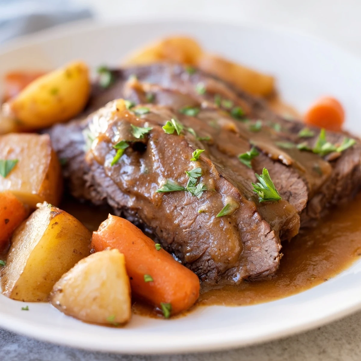 Hearty slow cooker pot roast served with savory gravy and colorful vegetables for a comforting meal.