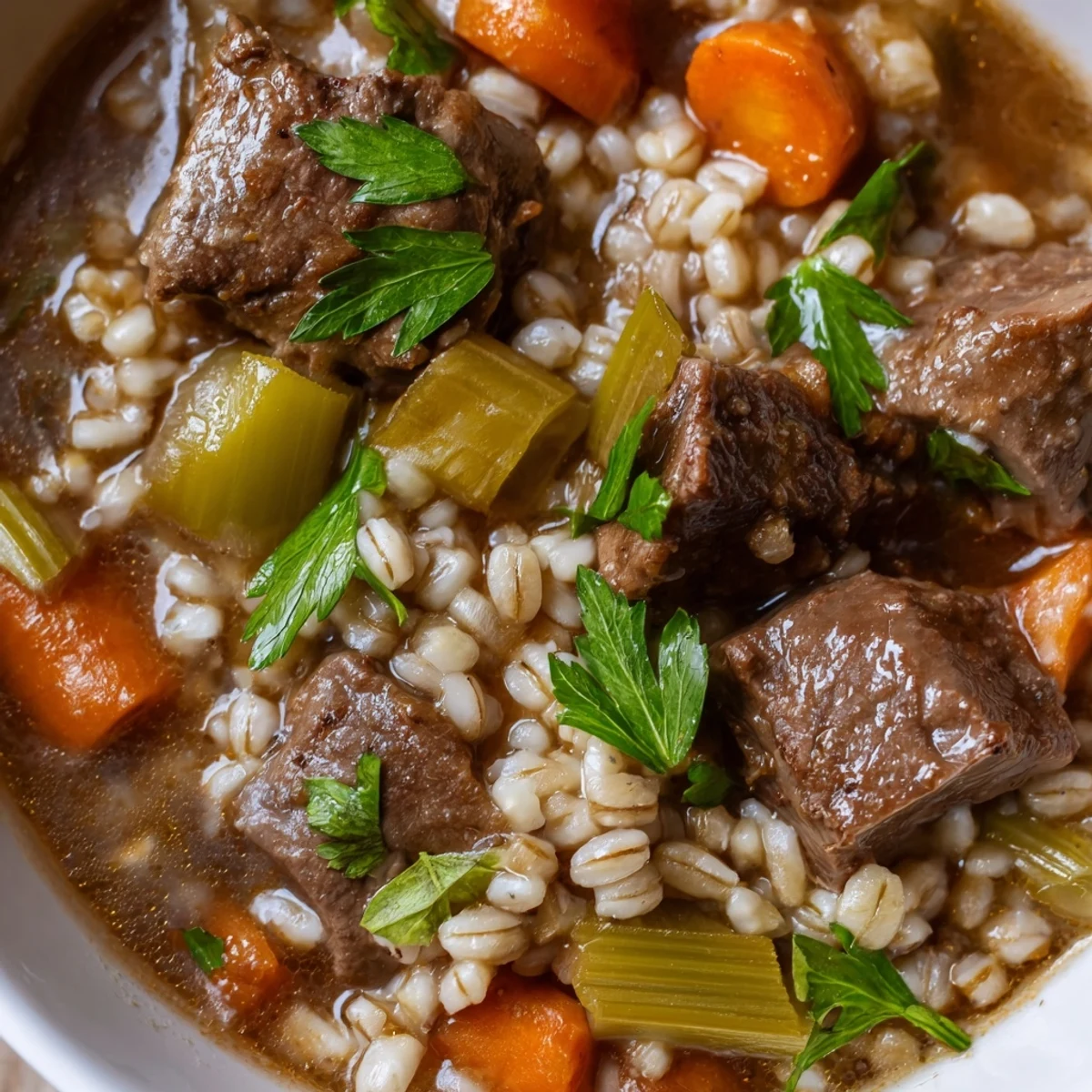 A comforting bowl of Hearty Beef and Barley Stew with Carrots and Celery, garnished with fresh parsley and served warm.