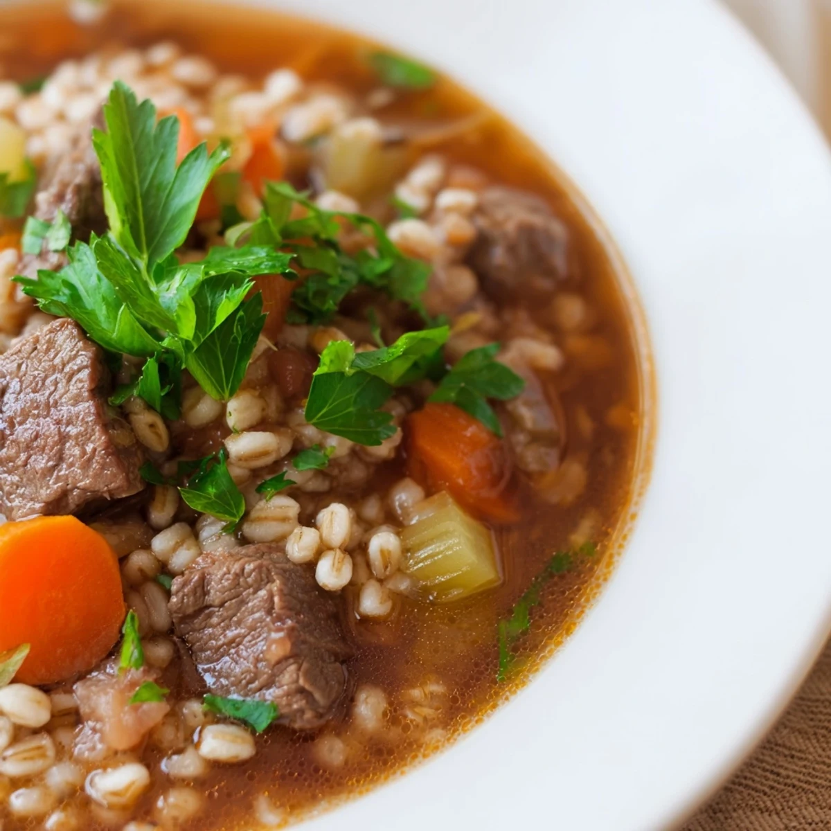 Hearty Beef and Barley Stew with Carrots and Celery simmers in a Dutch oven, releasing aromatic herbs and tender chunks.