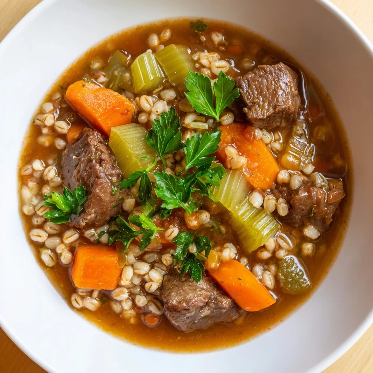 Ladle of Hearty Beef and Barley Stew with Carrots and Celery features glistening broth, sweet carrots, and celery alongside rich beef.