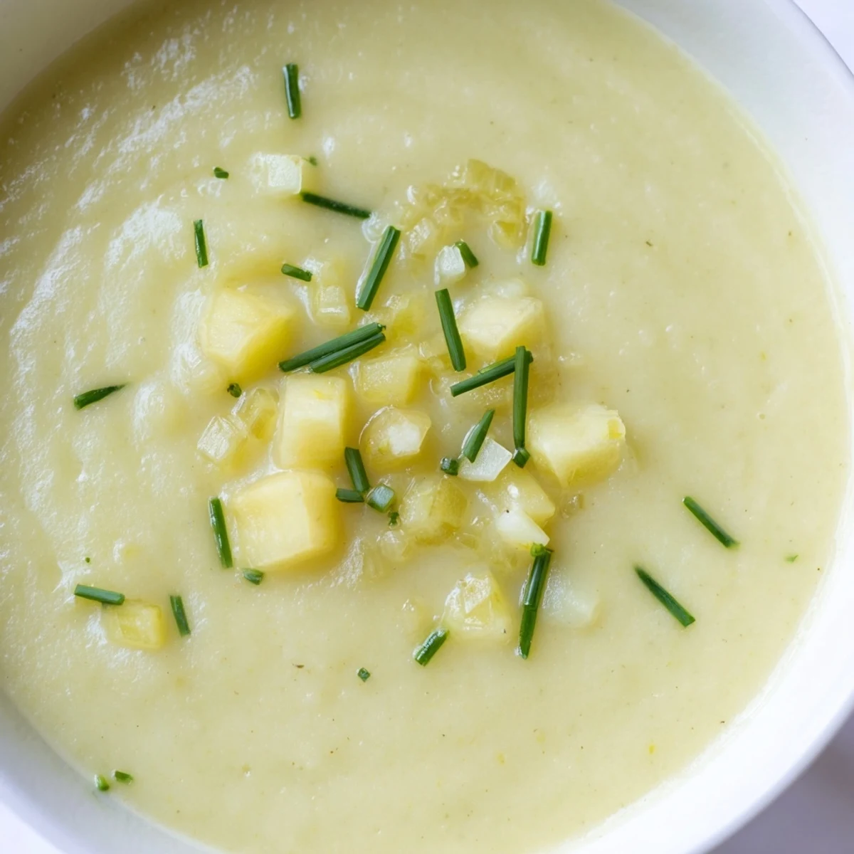 A bowl of creamy leek soup with potatoes, garnished with fresh chives and a swirl of cream, served beside rustic bread.