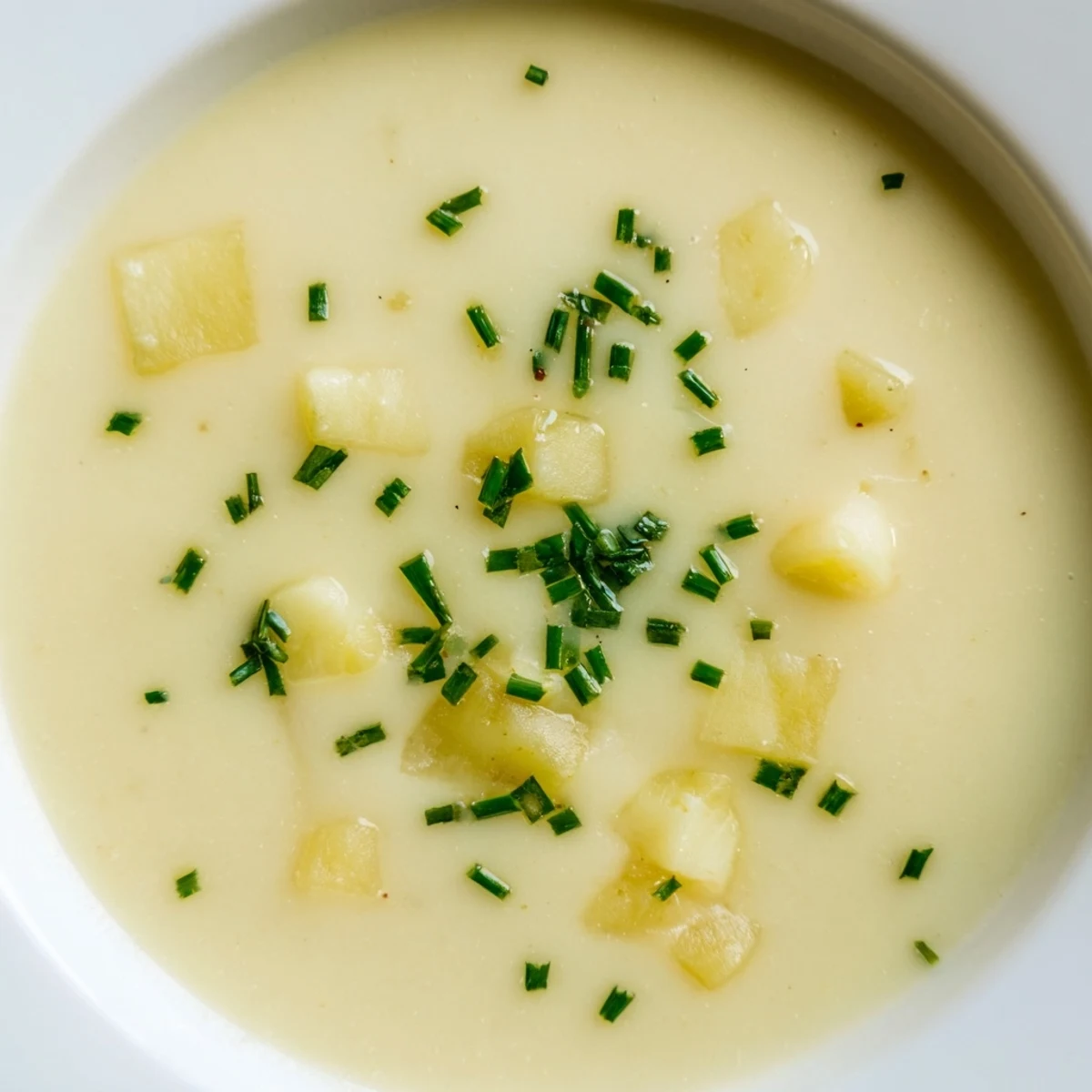 Creamy leek soup with potatoes in a rustic pot, showing the velvety texture and garnish of green chives for a comforting meal.