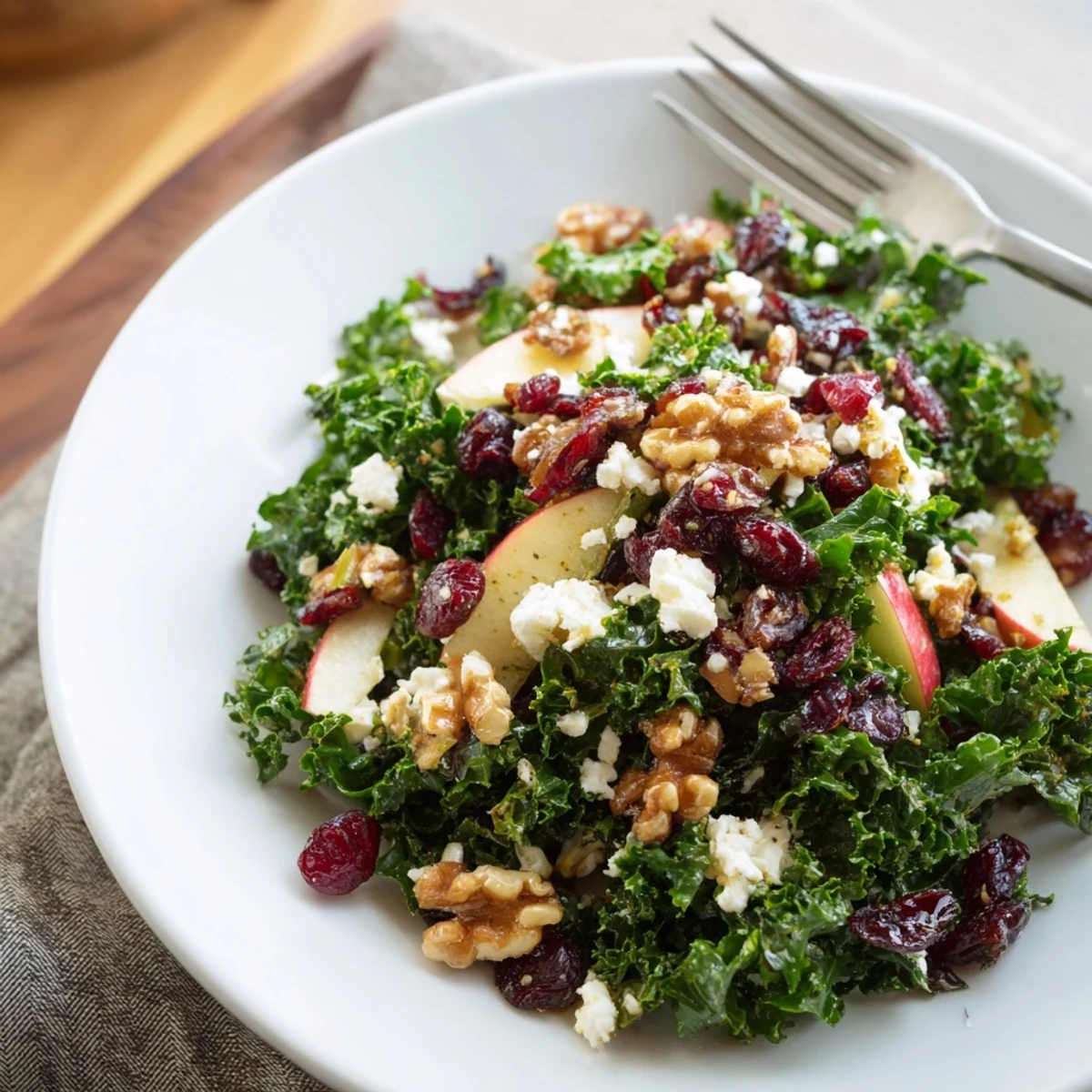 Freshly massaged kale tossed with sweet dried cranberries, toasted pecans, sliced apple, and a zesty maple-Dijon vinaigrette in a rustic white bowl.  