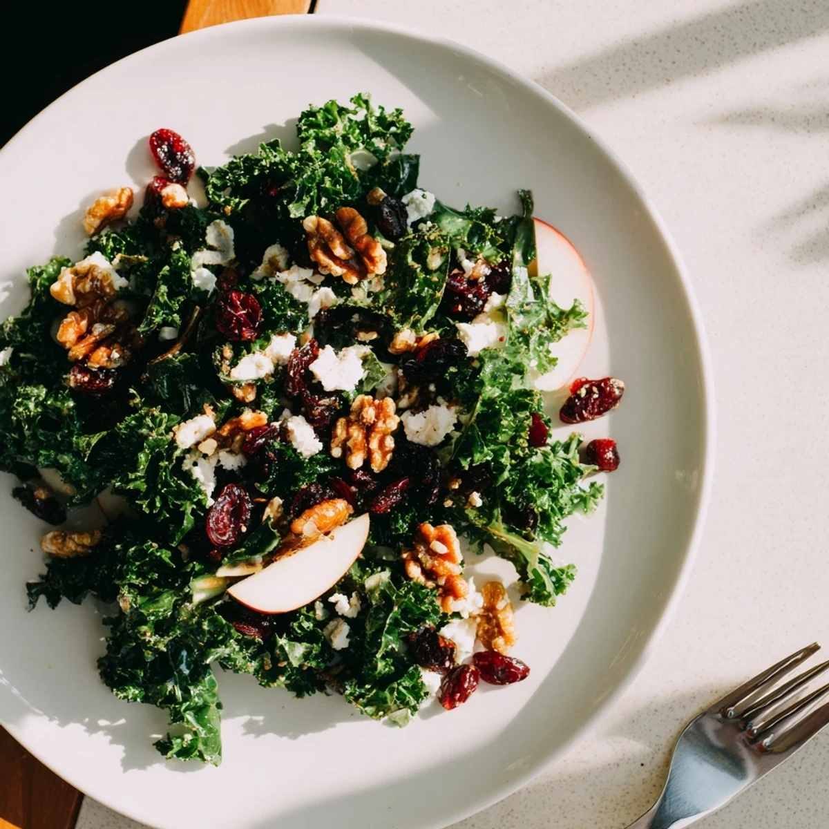 Winter Kale Salad with Cranberries showcases vibrant greens, crunchy pumpkin seeds, and creamy crumbled feta for a festive holiday side.  
