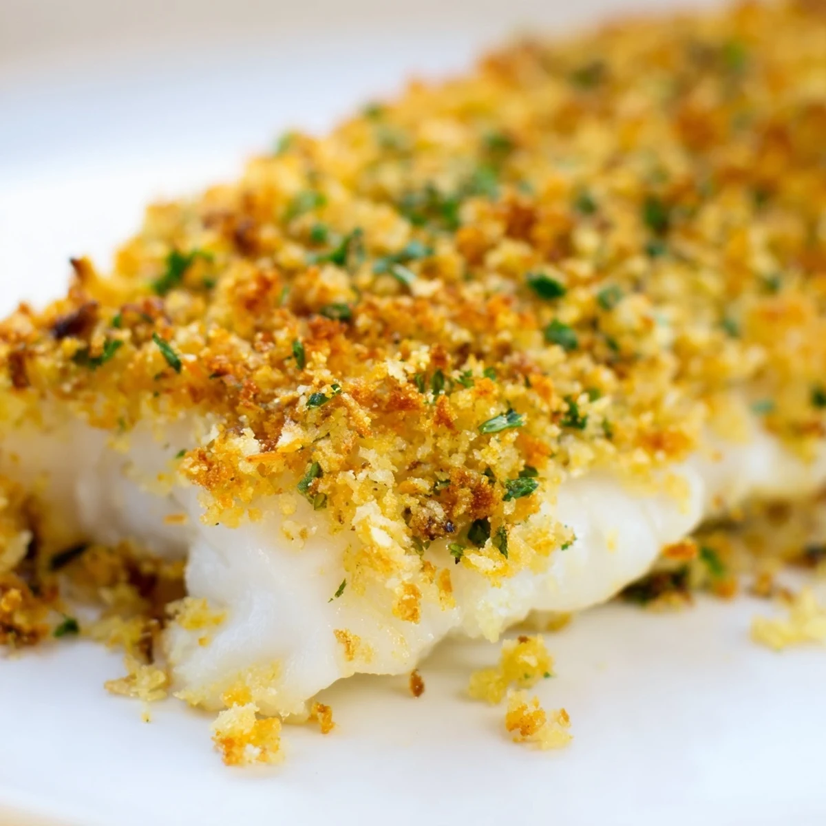 Perfectly baked haddock fillets topped with golden, herbed breadcrumbs and served with fresh lemon wedges.  