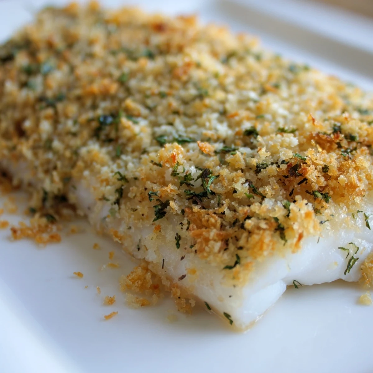Golden brown baked haddock with crispy breadcrumbs and parsley, presented on a clean white plate.  