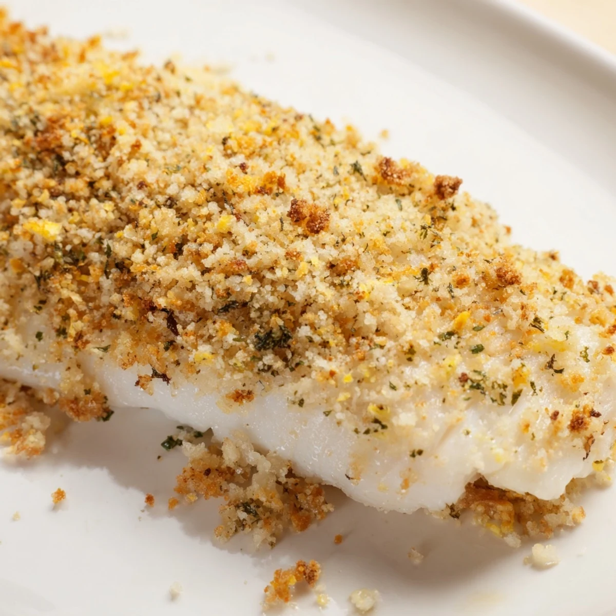 Tender haddock fillets with crunchy Parmesan breadcrumb topping and a side of lemon wedges.
