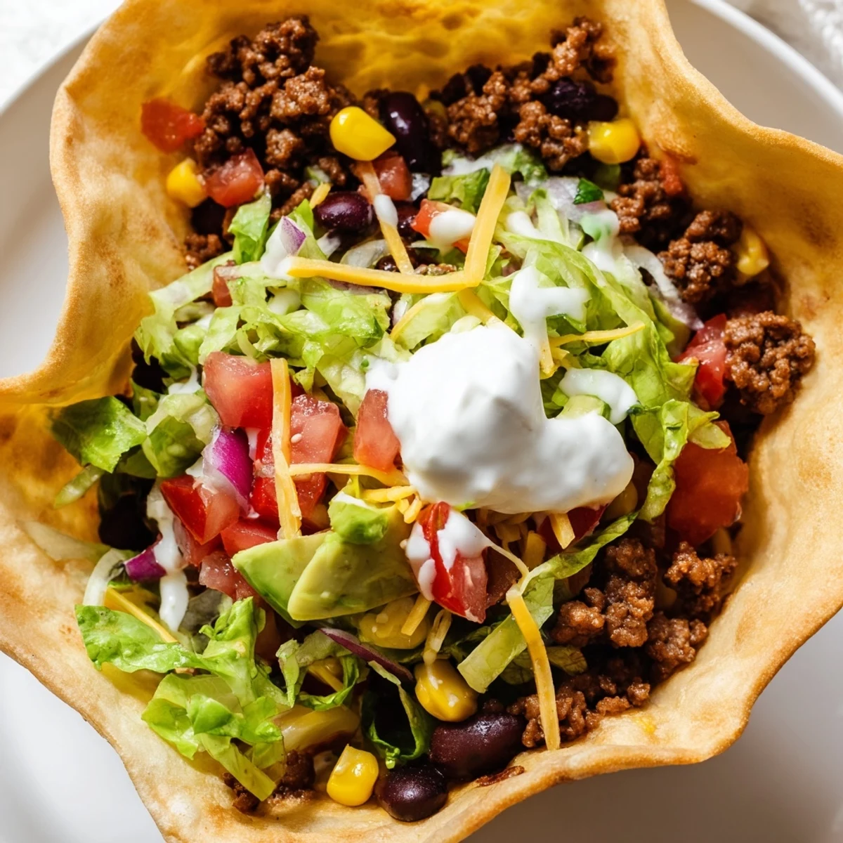 Crispy golden tortilla shell filled with seasoned ground beef, crisp romaine, and melted cheddar, drizzled with tangy lime sour cream dressing.
