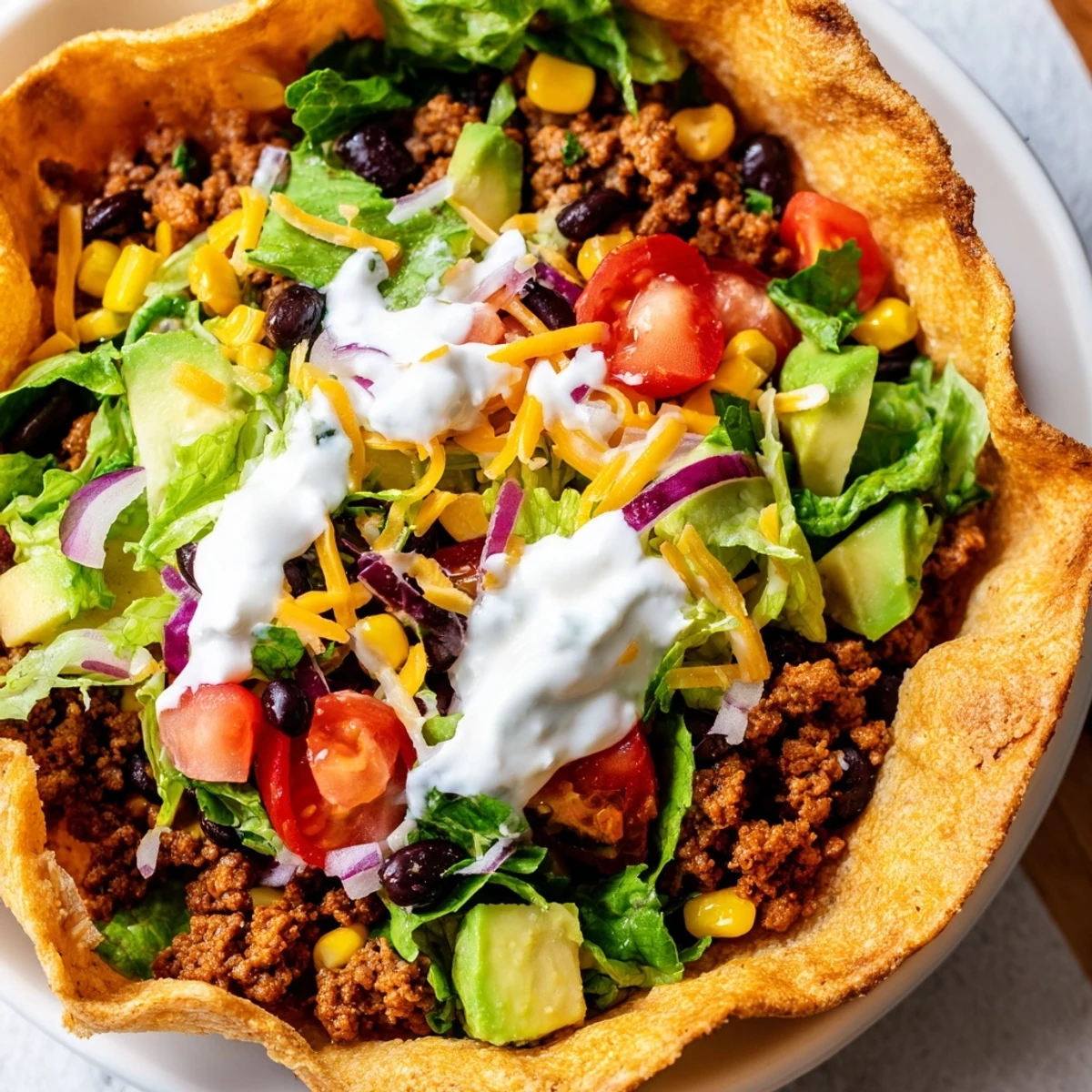 Fresh avocado slices and black beans add vibrant color to this hearty Beef Taco Salad with Crispy Shell.