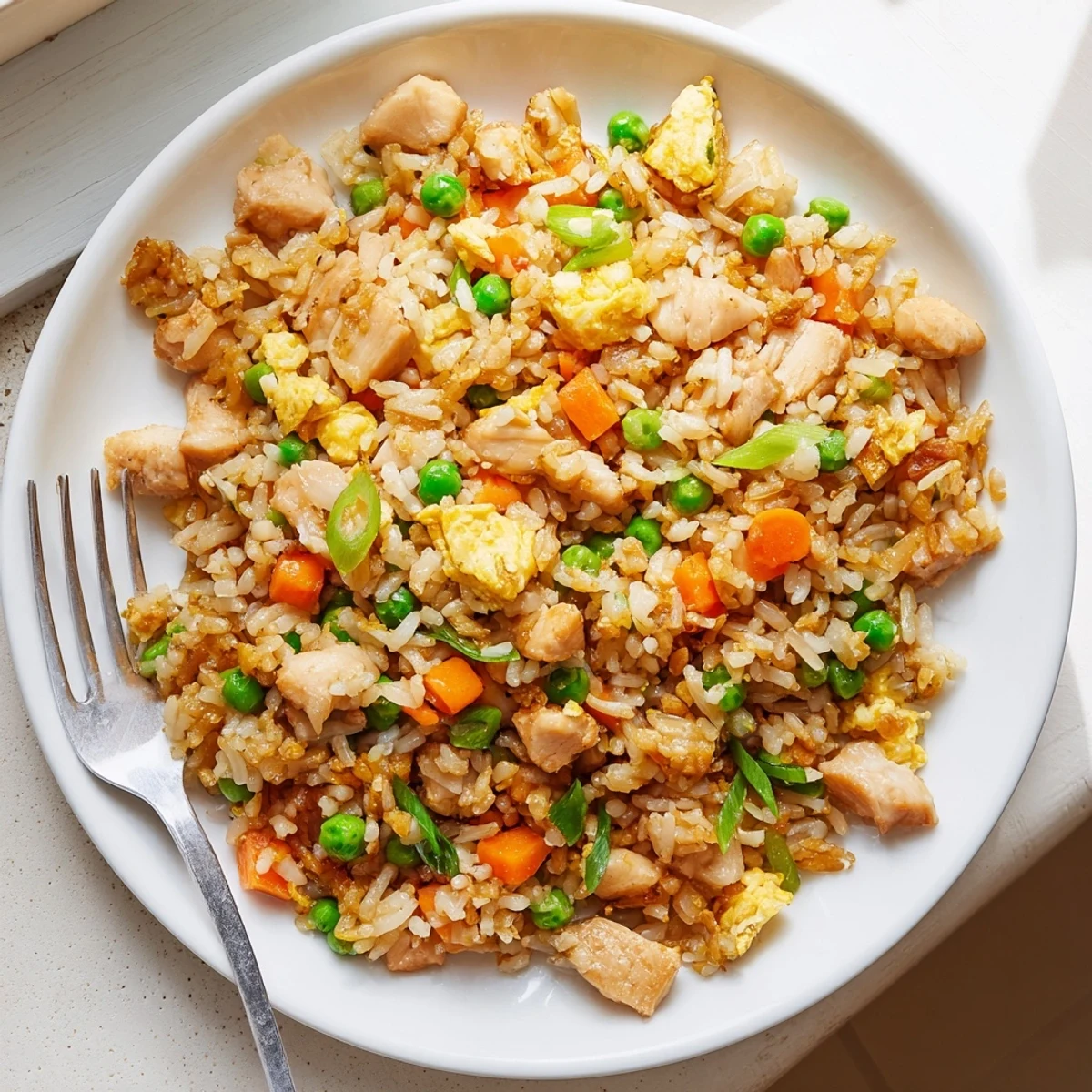 Golden, fluffy Chicken Fried Rice with Peas and Carrots topped with sliced green onions in a skillet.