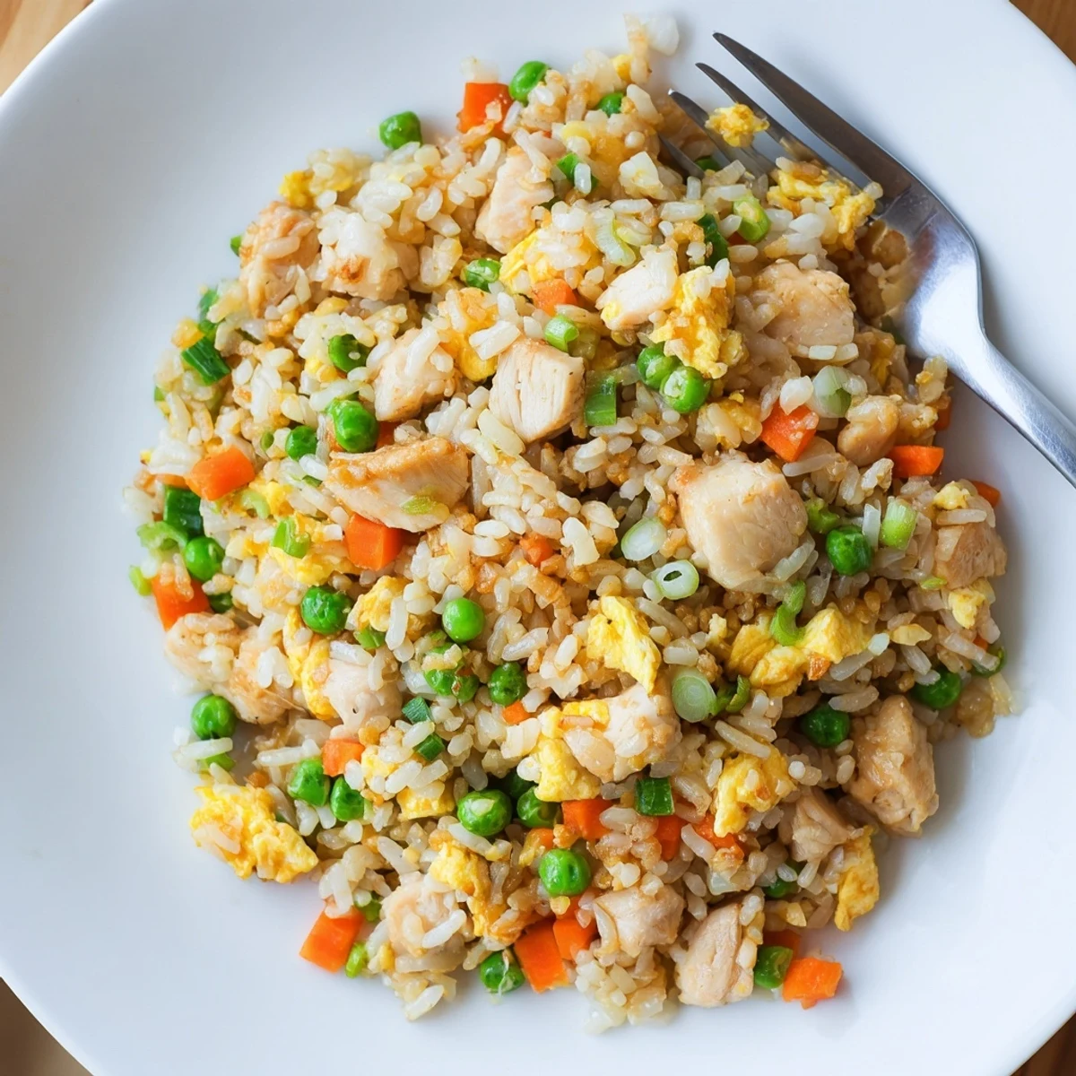 Wok-fried Chicken Fried Rice with Peas and Carrots, featuring tender chicken, crisp veggies, and savory sauce.