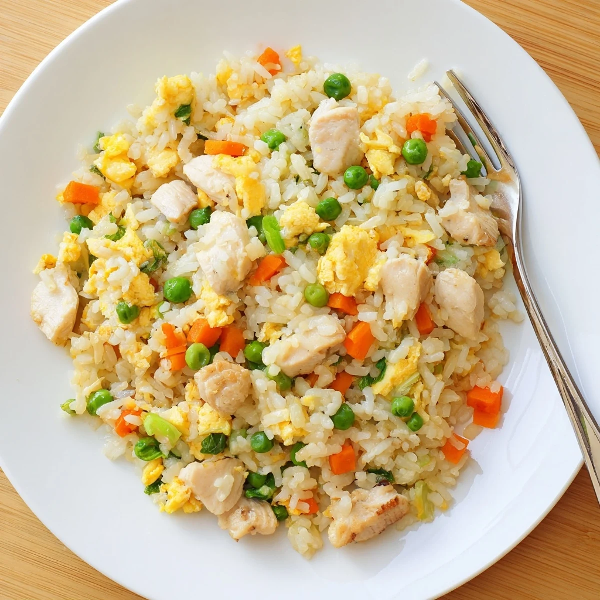 A steaming bowl of Chicken Fried Rice with Peas and Carrots served alongside chopsticks on a linen napkin.