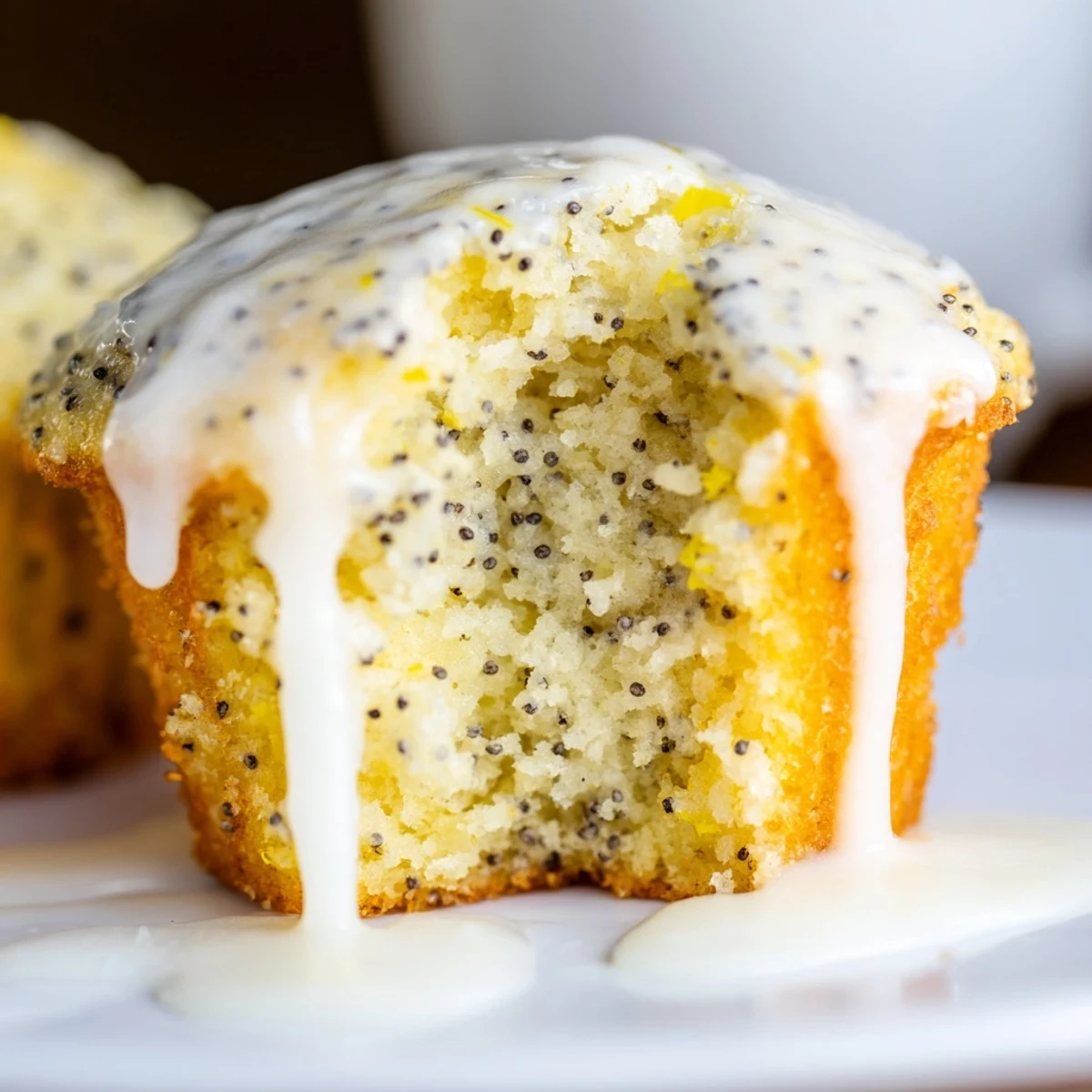 A close-up view of freshly baked Lemon Poppy Seed Muffins with a generous drizzle of sweet-tangy glaze, showcasing the moist, tender crumb. 