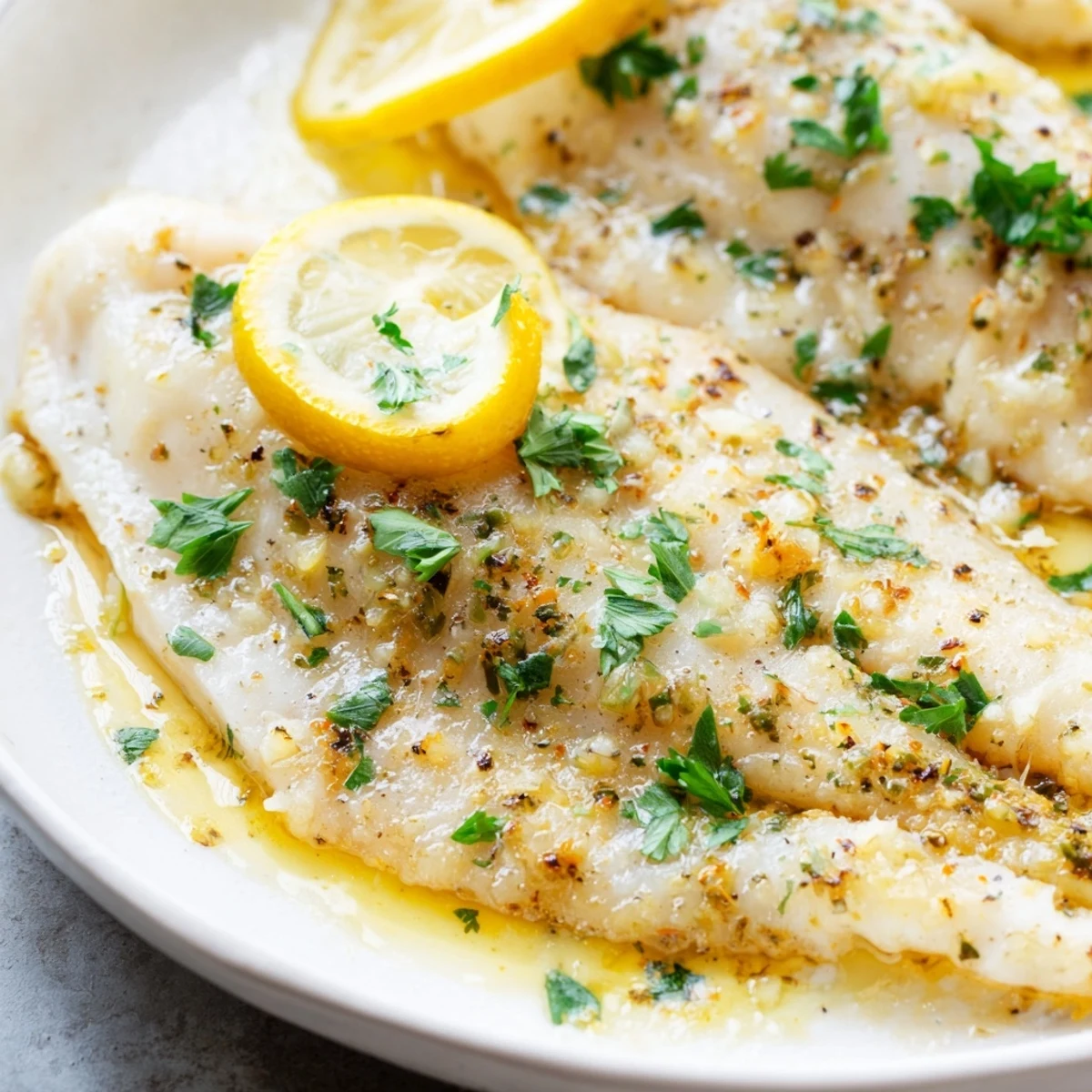 A close-up of tender baked tilapia topped with vibrant green parsley and bright lemon zest, ready to serve.  