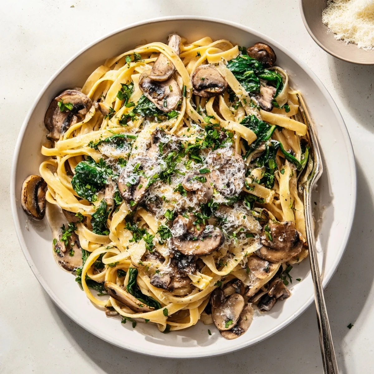 A close-up of Creamy Mushroom and Spinach Pasta shows glossy sauce coating fettuccine noodles with sautéed mushrooms and wilted spinach.