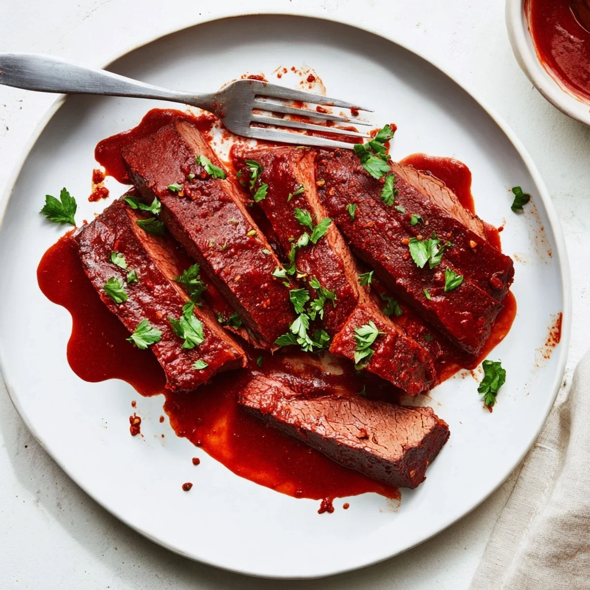 Slow-cooked beef brisket glistening with sticky homemade BBQ sauce, ready to slice and serve on soft rolls.