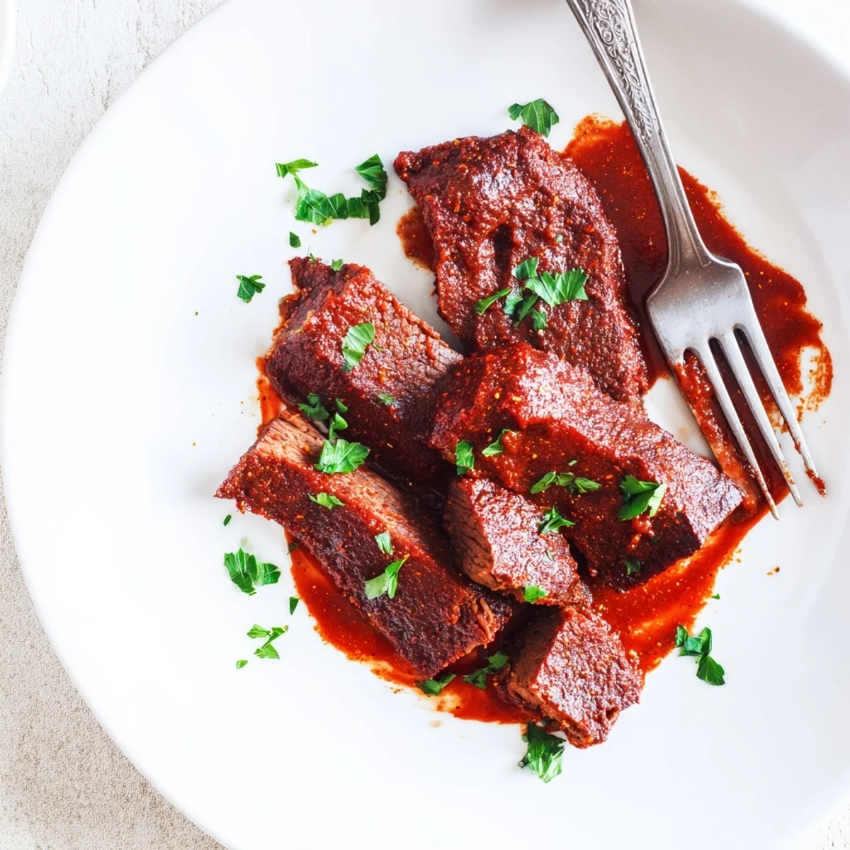 Smoky, glazed brisket slices from the slow cooker, served with extra tangy BBQ sauce for dipping.