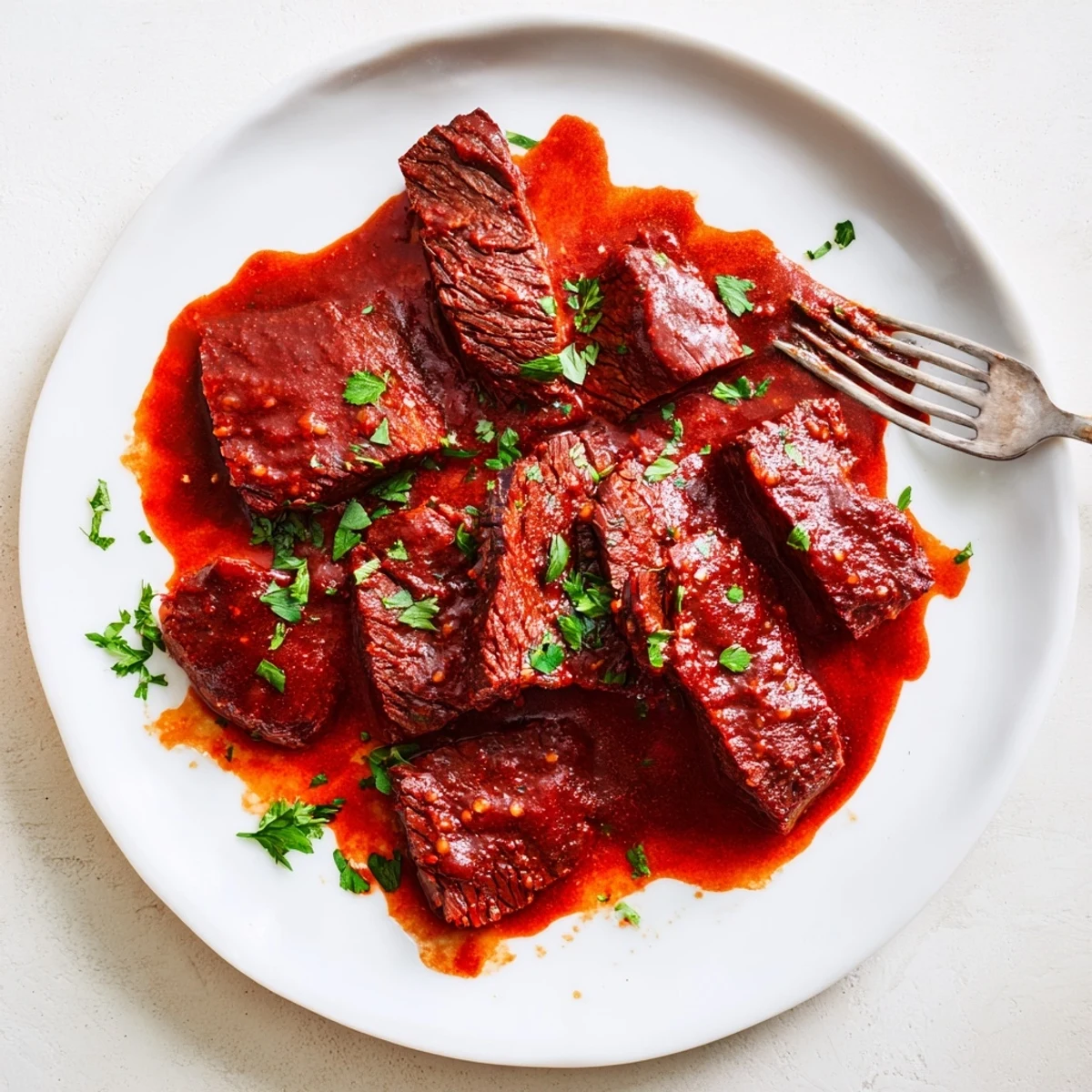 Fresh herbs garnish tender shredded brisket piled high on a plate beside creamy mashed potatoes.