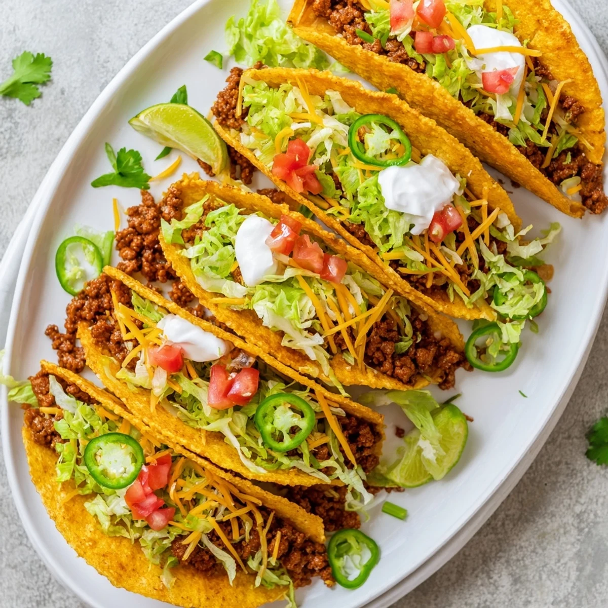 Golden-brown hard taco shells stuffed with juicy seasoned ground beef, fresh lettuce, diced tomatoes, and melted cheese, ready to serve.  