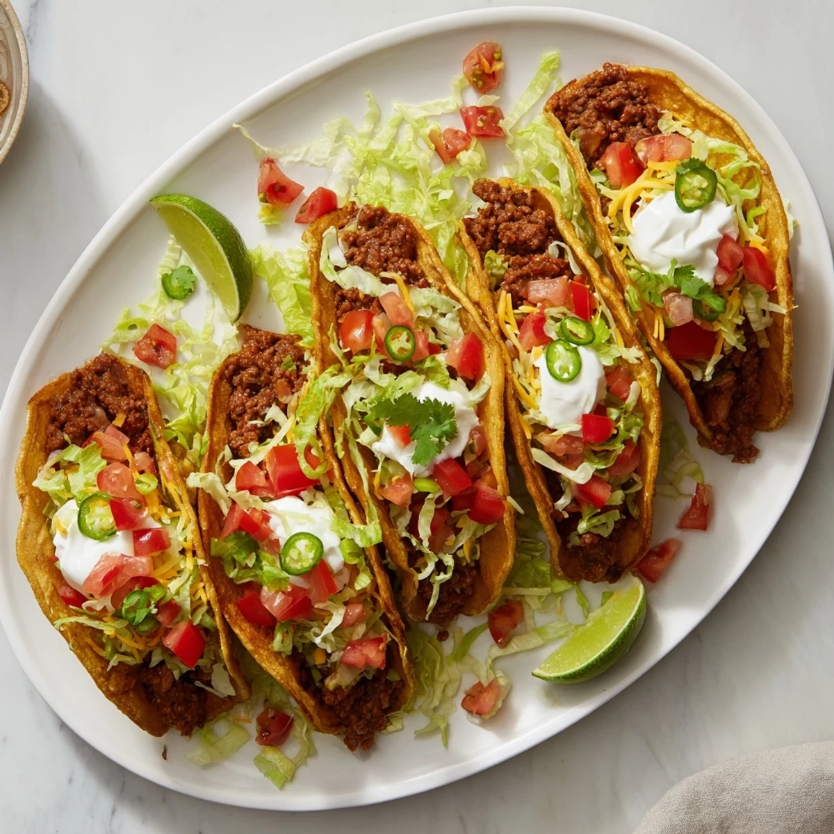 Hearty beef tacos with crunchy shells, topped with sour cream, cilantro, and a squeeze of fresh lime on the side.  