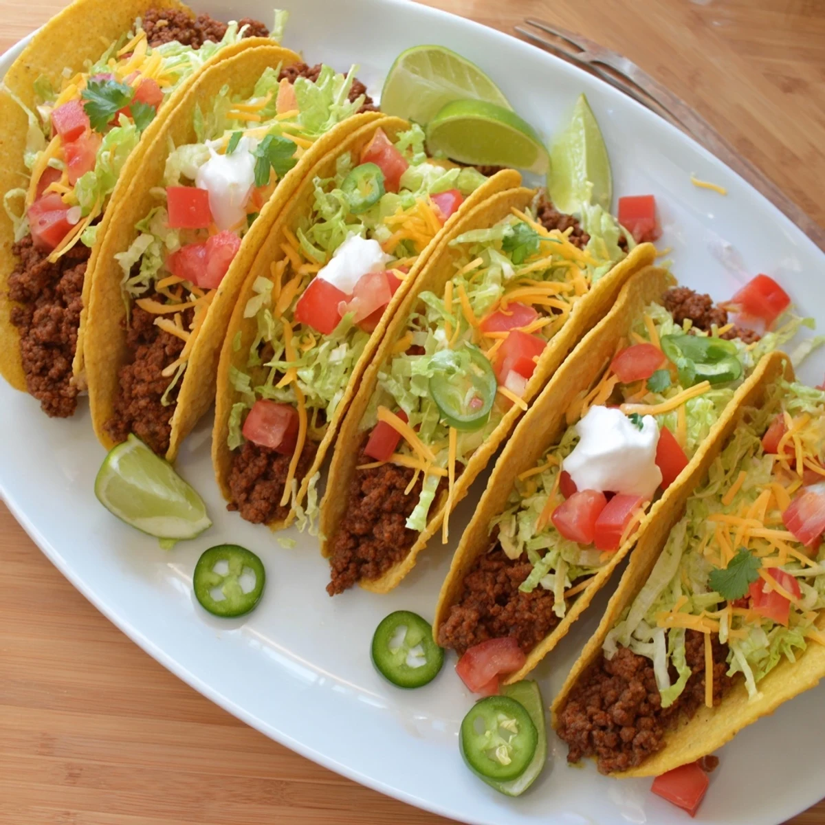 Classic homemade Beef Tacos with hard shells, filled with spiced beef, shredded cheese, and vibrant fresh vegetables.