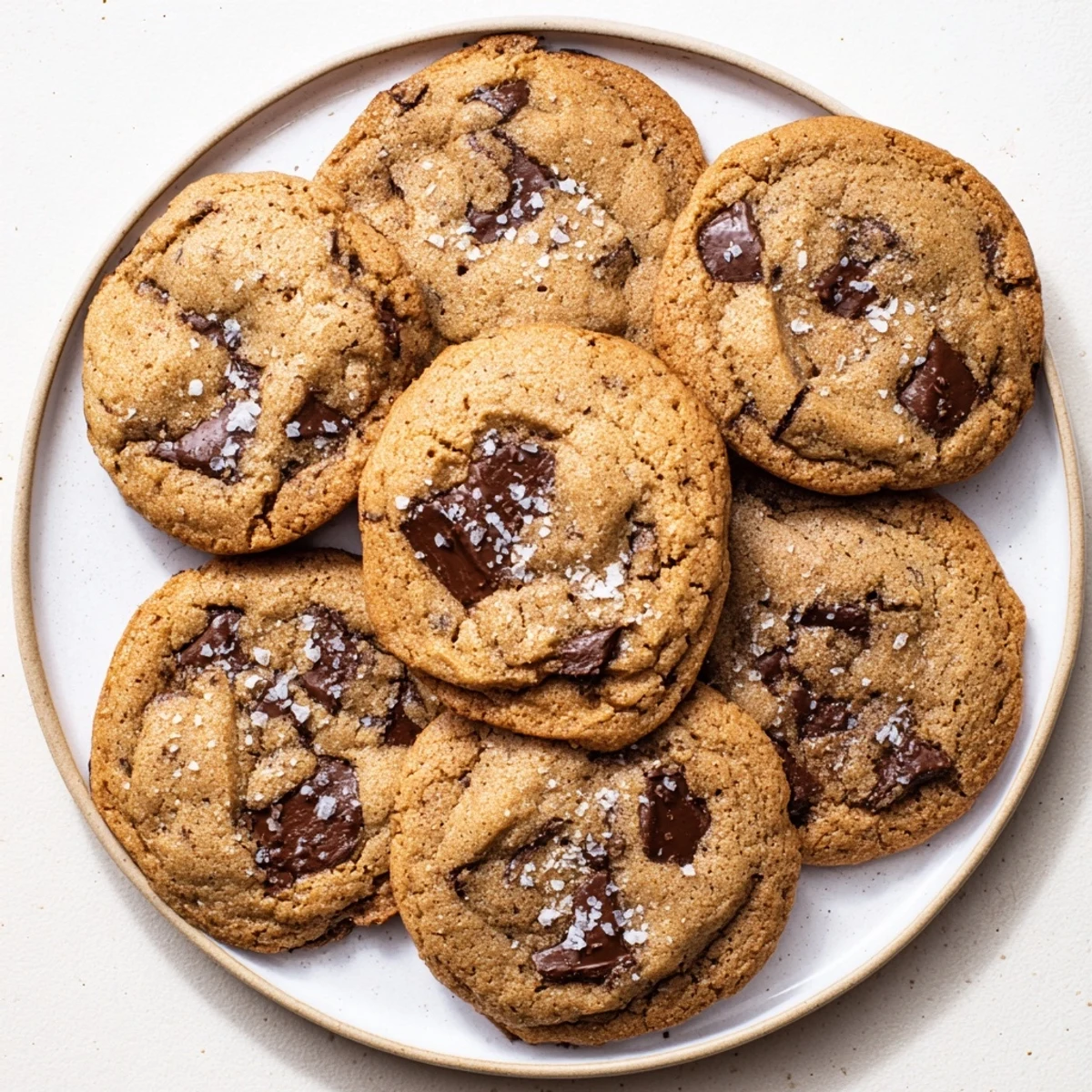 Golden-edged chocolate chip cookies with melty chips and a hint of sea salt, stacked on a cooling rack.