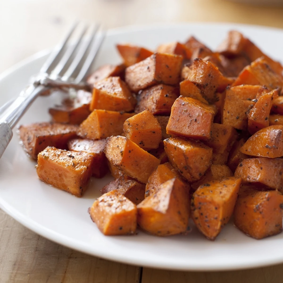 Tender roasted sweet potatoes with cinnamon, glistening and caramelized on a parchment-lined baking sheet for easy serving.
