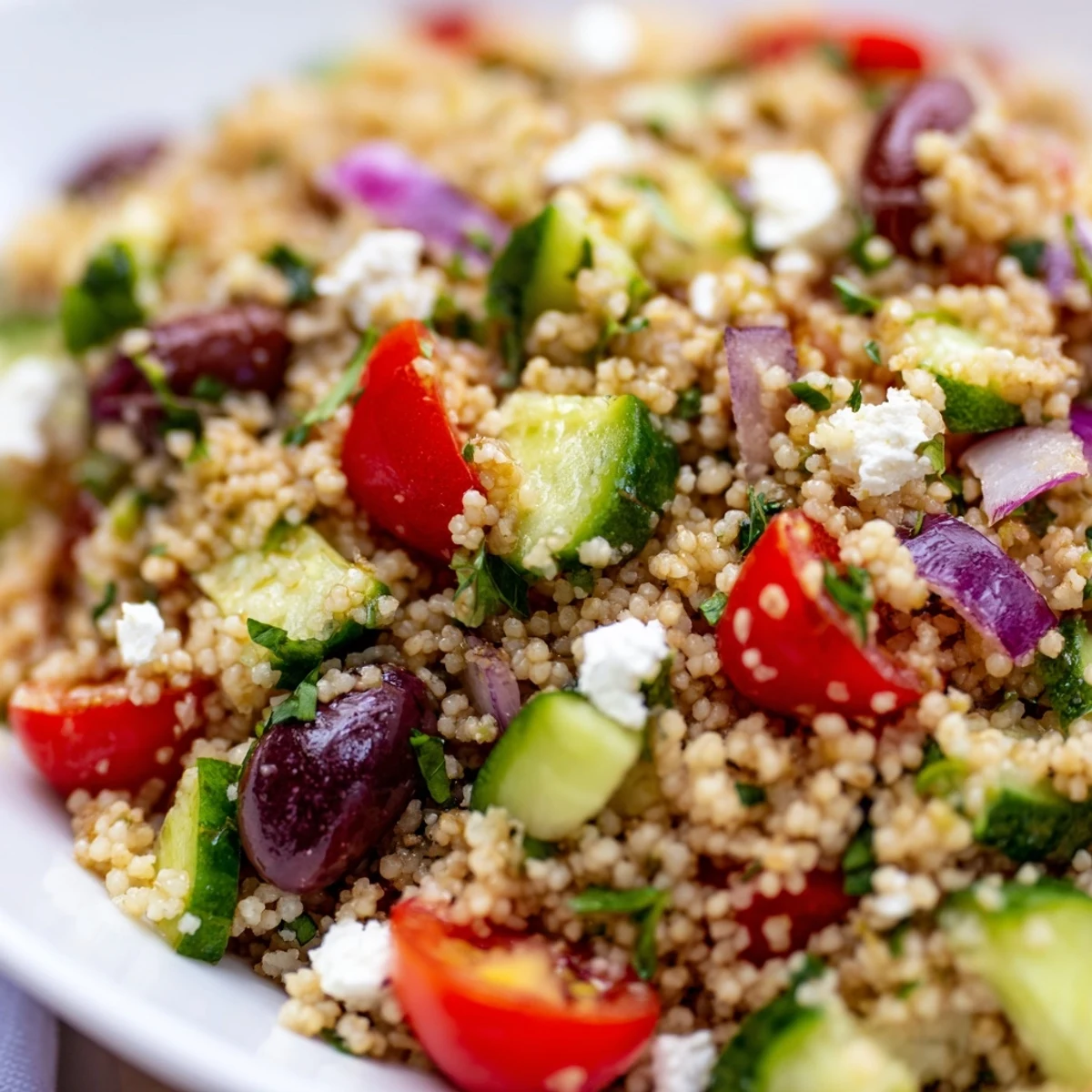 Bright, crisp vegetables and herbs mingle in this Mediterranean Couscous Salad with Vegetables, drizzled with a tangy lemon-herb dressing and ready to serve chilled.
