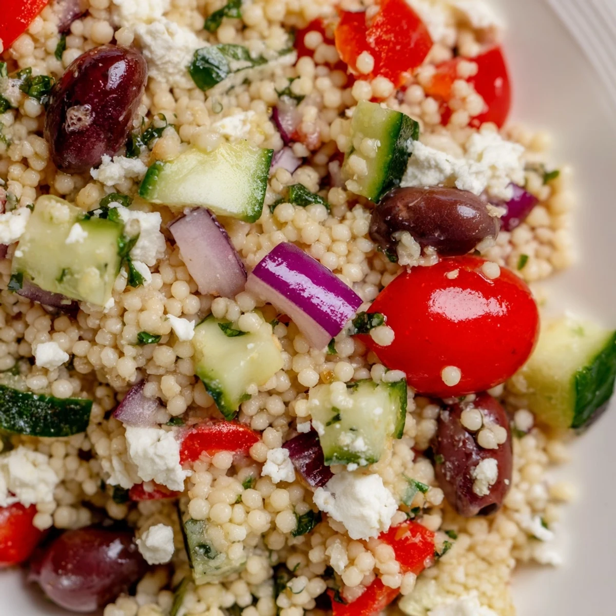 Freshly crumbled feta and sliced Kalamata olives top this vibrant Mediterranean Couscous Salad with Vegetables, perfect for a light, refreshing lunch or picnic.