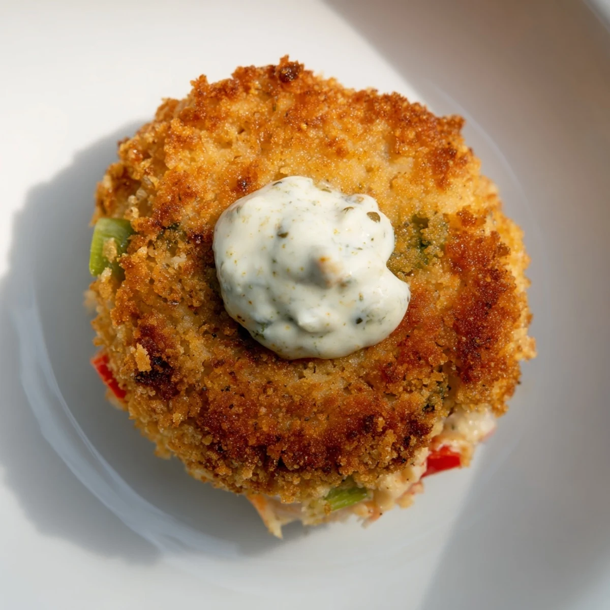 Pan-fried Mardi Gras Crab Cakes resting on a plate with vibrant green parsley garnish.