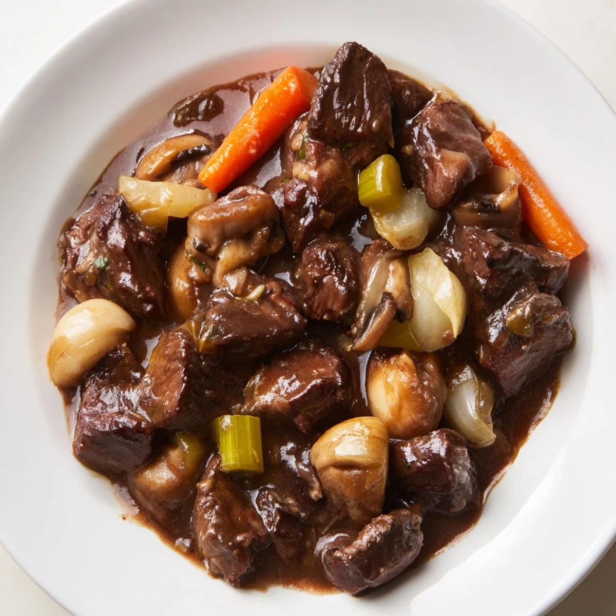 A steaming bowl of St. Patrick's Day Alcohol-Free Guinness-Style Stew filled with tender beef and root vegetables, garnished with fresh parsley.