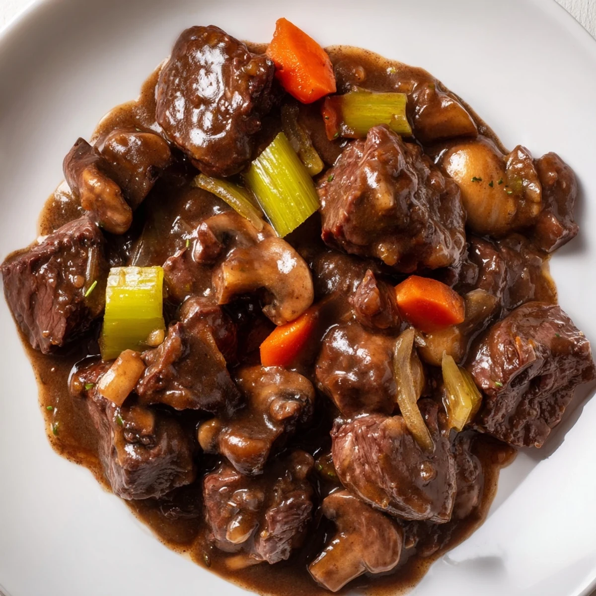 A close-up of St. Patrick's Day Alcohol-Free Guinness-Style Stew served in a rustic bowl next to crusty bread for dipping.