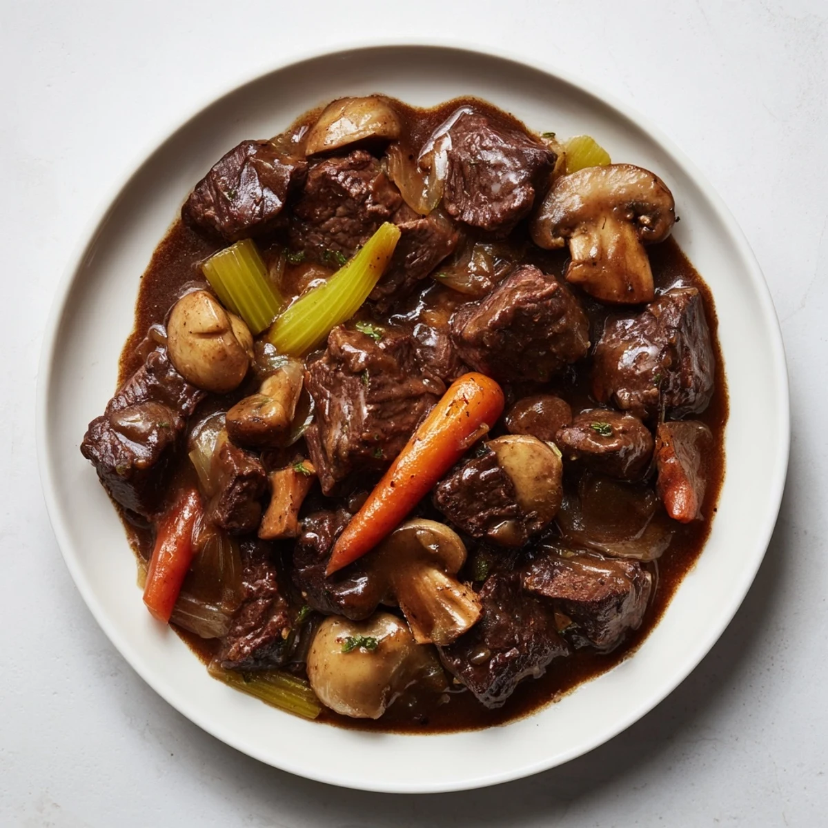 A hearty St. Patrick's Day Alcohol-Free Guinness-Style Stew simmering in a pot with rich, dark broth, potatoes, carrots, and mushrooms.