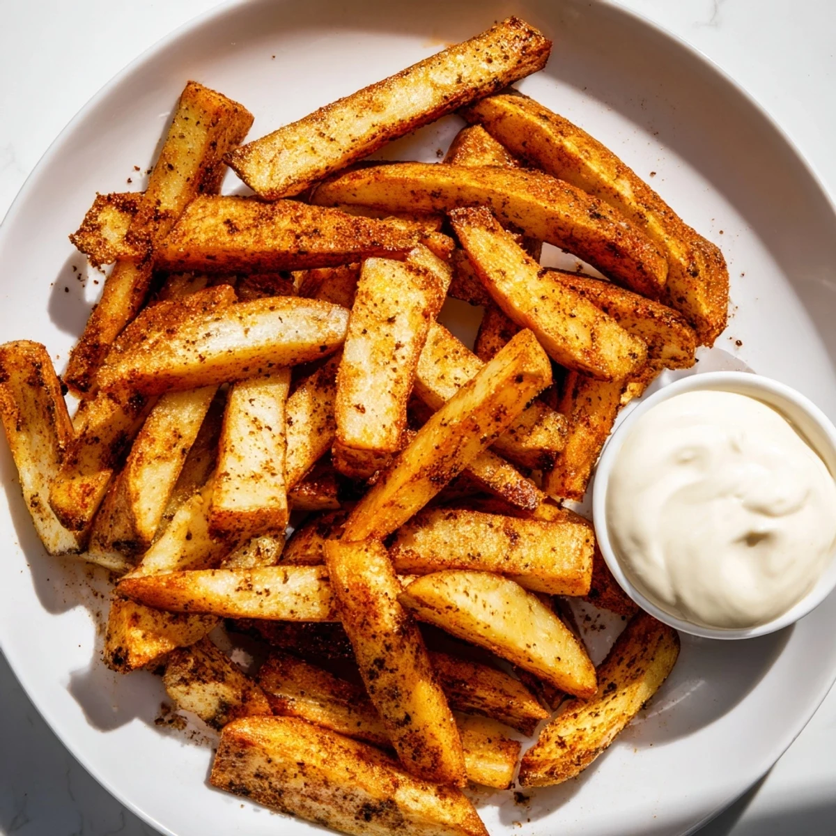 Golden-brown Cajun Spiced Fries piled high on a platter, seasoned with smoked paprika and served with creamy spicy mayo for dipping.