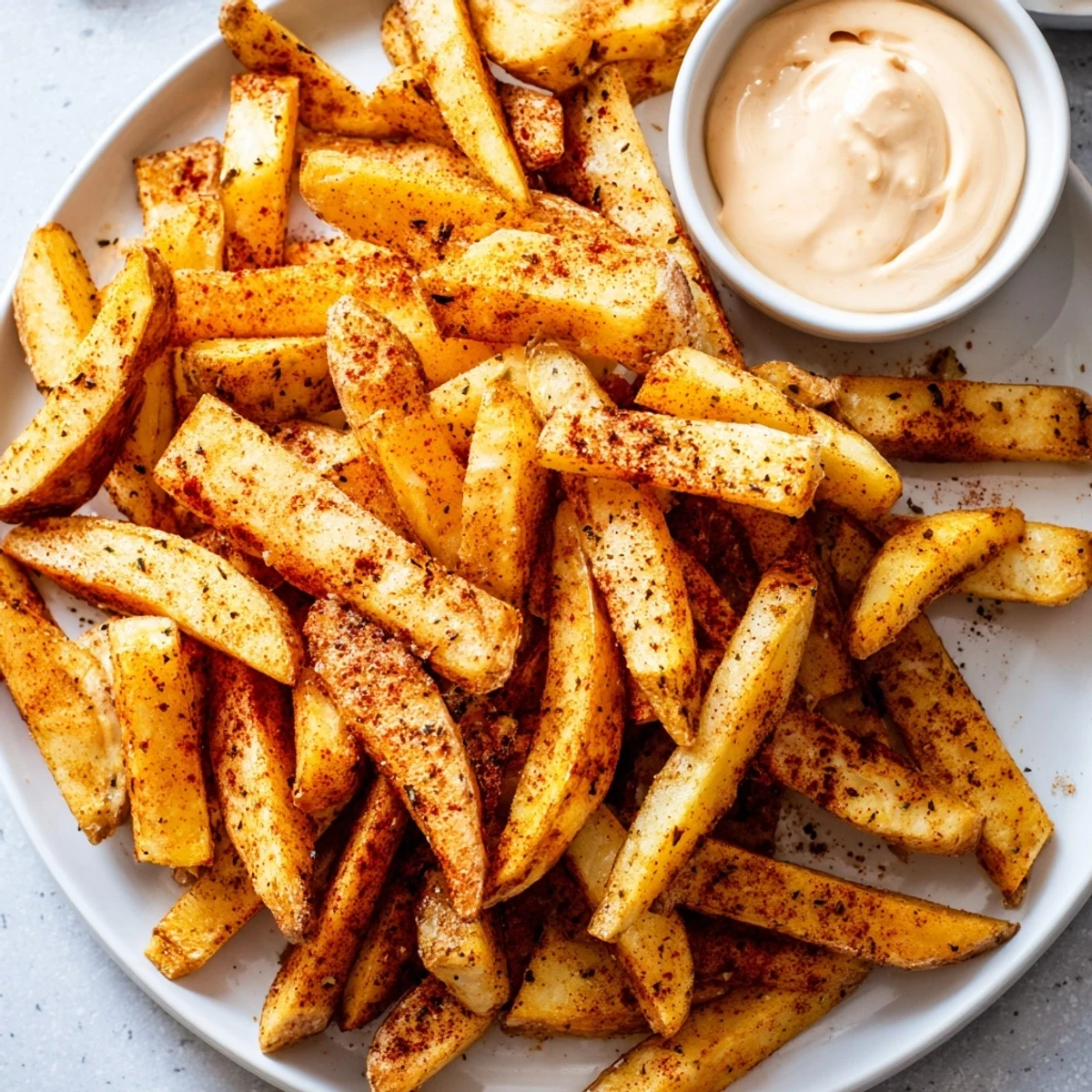 A serving of Cajun Spiced Fries on a rustic plate with a side of spicy mayo, perfect for a savory snack.