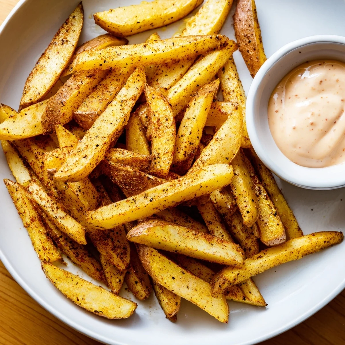 Close-up of crispy Cajun Spiced Fries, showcasing their bold spice blend and crunchy texture alongside a tangy dipping sauce.