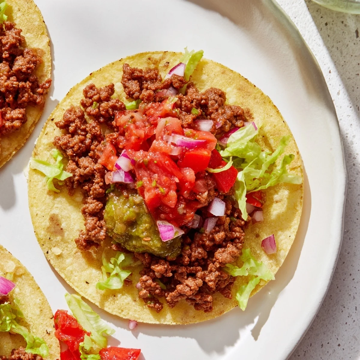 Championship Beef Tacos topped with bright green salsa verde, shredded lettuce, diced tomatoes, and fresh cilantro.