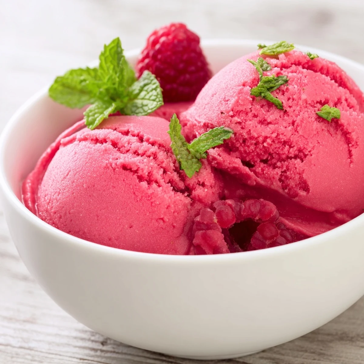Bright pink raspberry sorbet in a chilled bowl, garnished with fresh mint leaves and whole berries for a refreshing summer dessert.