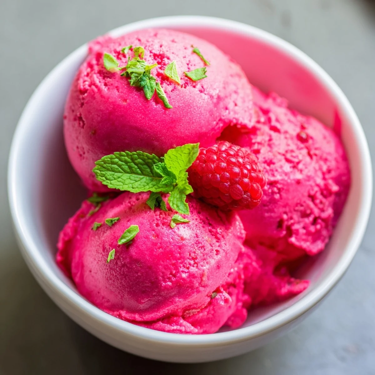 Scoops of homemade pink raspberry sorbet with fresh mint garnish served in a waffle cone on a rustic wooden table.
