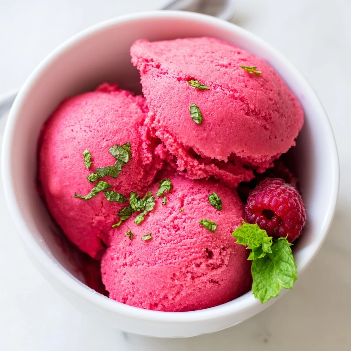 Vibrant pink raspberry sorbet with fresh mint in a glass dish, topped with extra berries and mint, ready to serve.