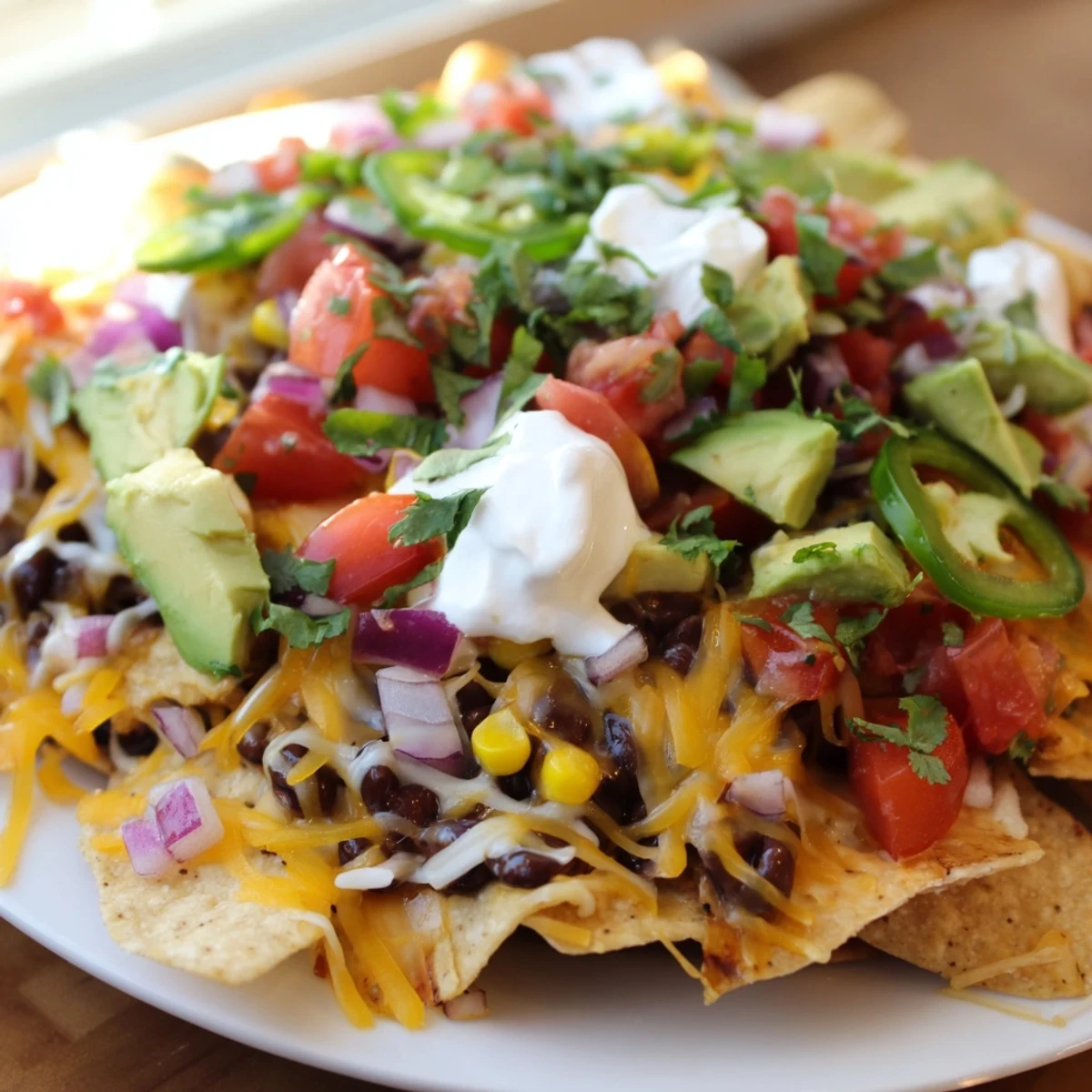 A platter of Touchdown Nachos with Black Beans and Corn, loaded with melted cheese, fresh avocado, and vibrant toppings, perfect for a game day snack.