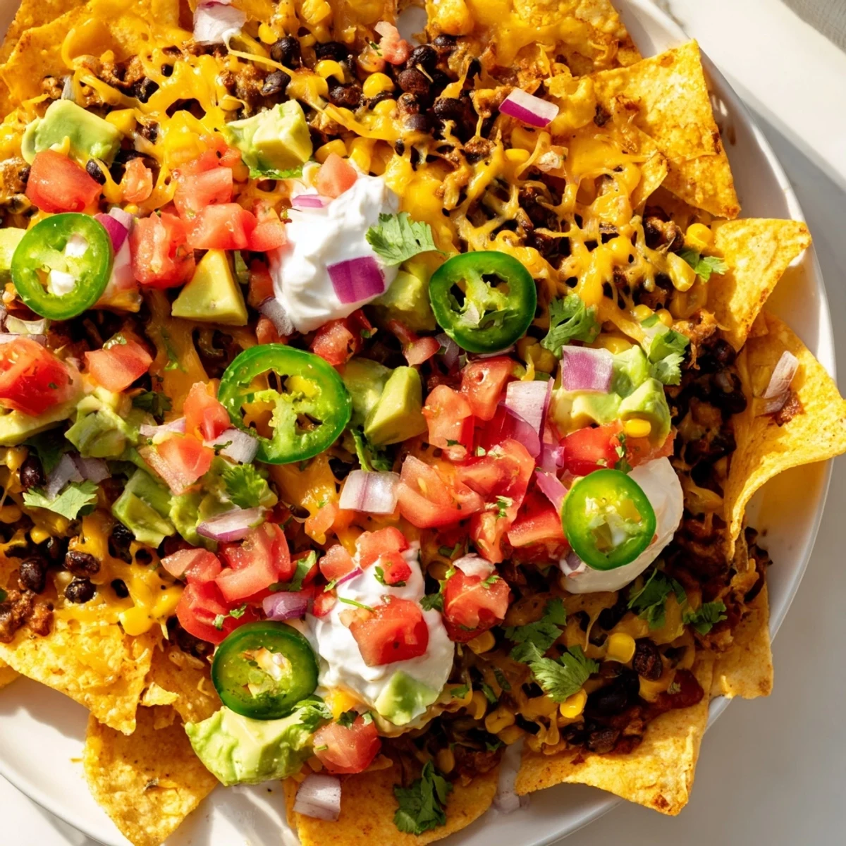 Freshly baked Touchdown Nachos with Black Beans and Corn, topped with diced tomatoes, cilantro, and jalapeños, steaming on a rustic platter for a festive appetizer.