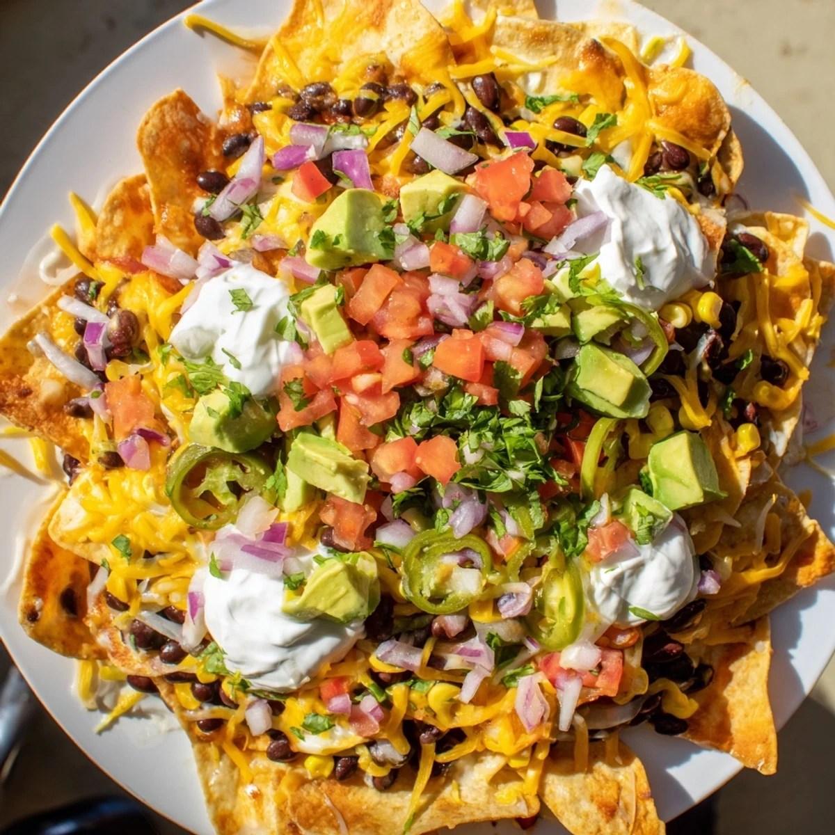 Hearty Touchdown Nachos with Black Beans and Corn featuring crispy chips, warm bean and corn mixture, and creamy sour cream, ready to serve at a casual gathering.