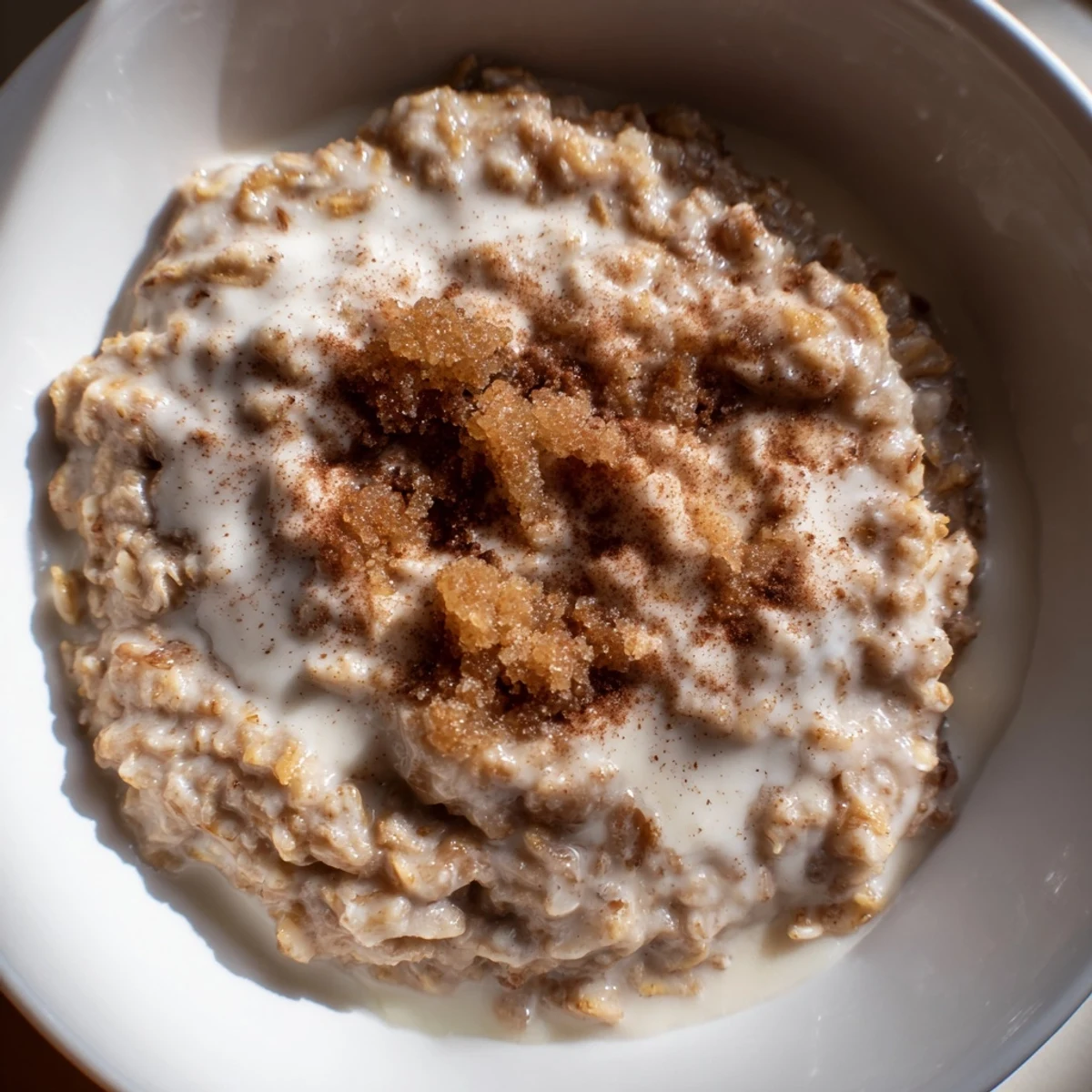 Creamy Irish Oatmeal with Brown Sugar and Cream steaming in a rustic bowl, ready for breakfast.