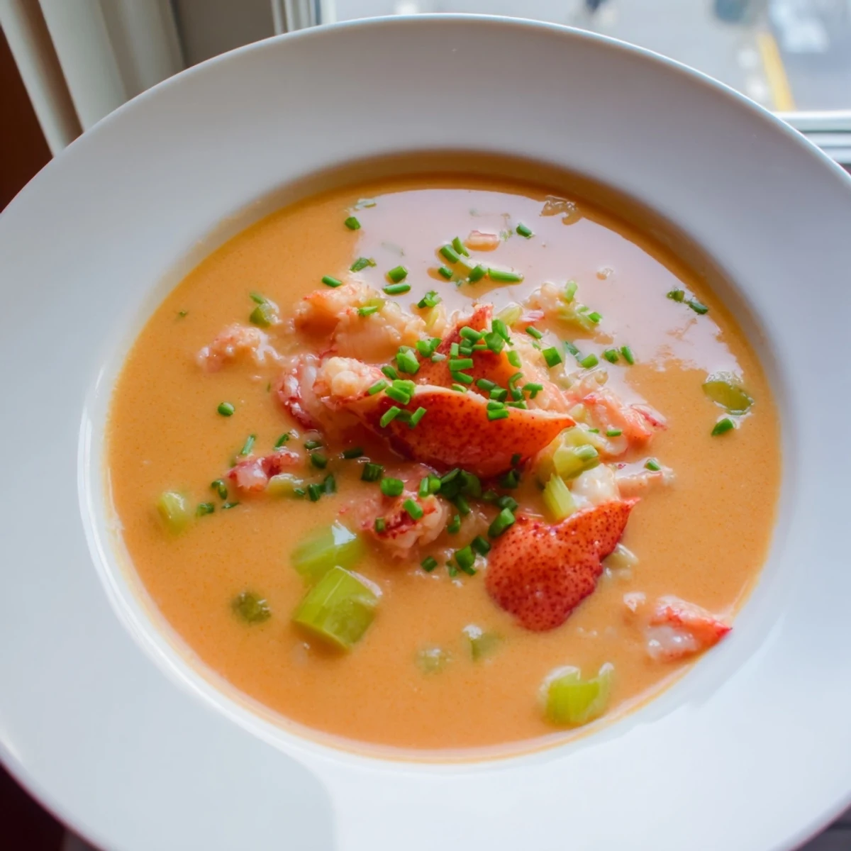 Velvety Romantic Lobster Bisque with Sherry Vinegar garnished with fresh chives in a rustic bowl.  