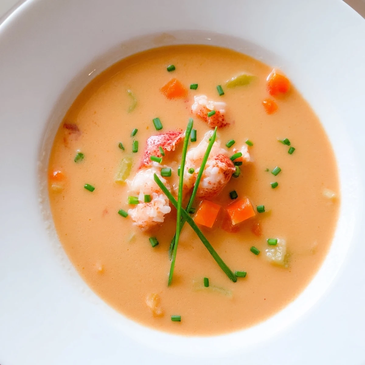 A bowl of Romantic Lobster Bisque with Sherry Vinegar, topped with tender lobster meat and chives.  